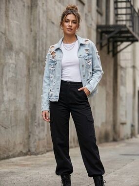 Forever 21 Light Blue Ripped Jean Jacket. Small
